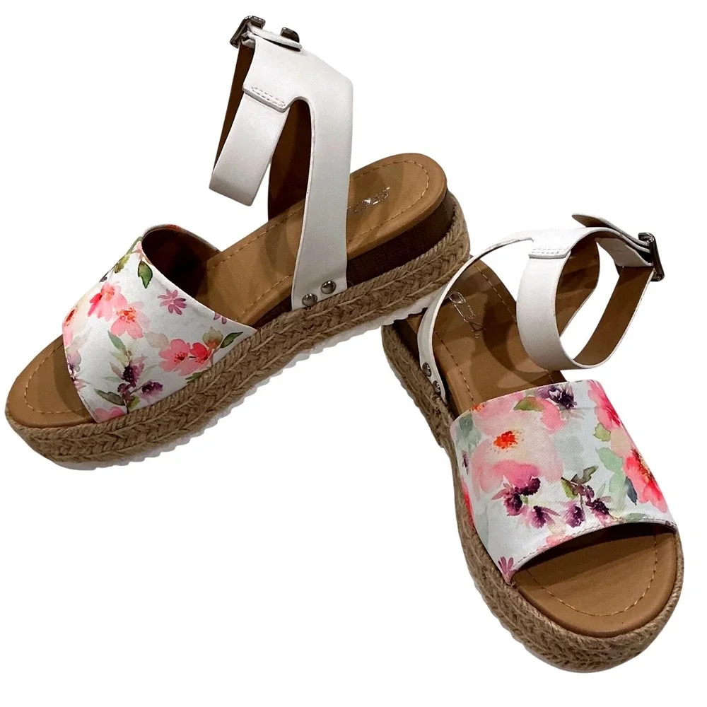 Soda Topic-S Womens Floral Espadrille Platform Wedge Sandals White Multi Size 7M